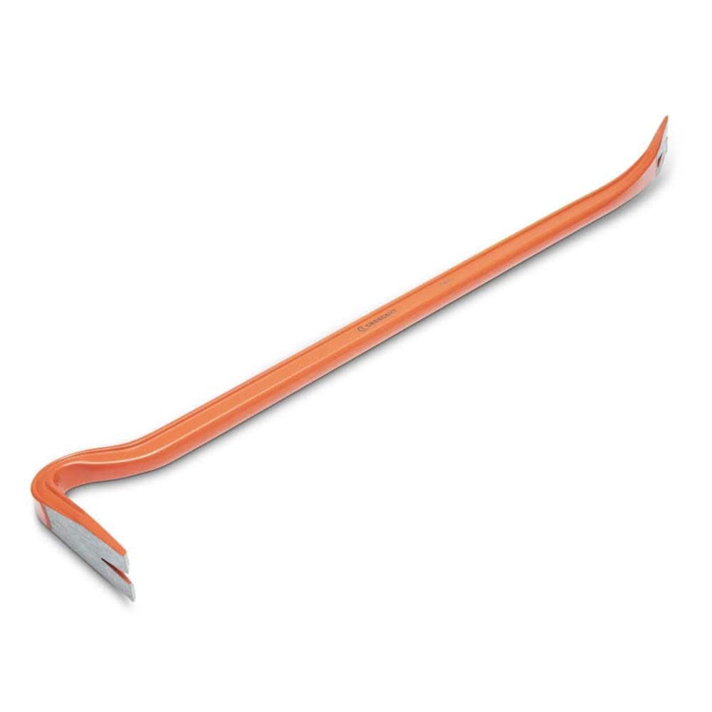 Full length angled view of the Crescent PB30 30-inch steel wrecking pry bar, displaying its durable high-visibility orange finish and heavy duty design for renovation tear downs.