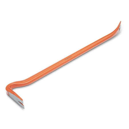 Full length angled view of the Crescent PB30 30-inch steel wrecking pry bar, displaying its durable high-visibility orange finish and heavy duty design for renovation tear downs.