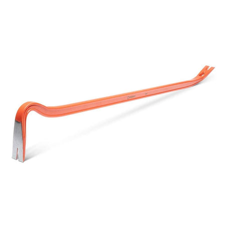 Side profile view of the Crescent PB36 36-inch steel wrecking bar featuring a high-visibility orange finish and precision-ground pry ends for professional demolition and renovation work.