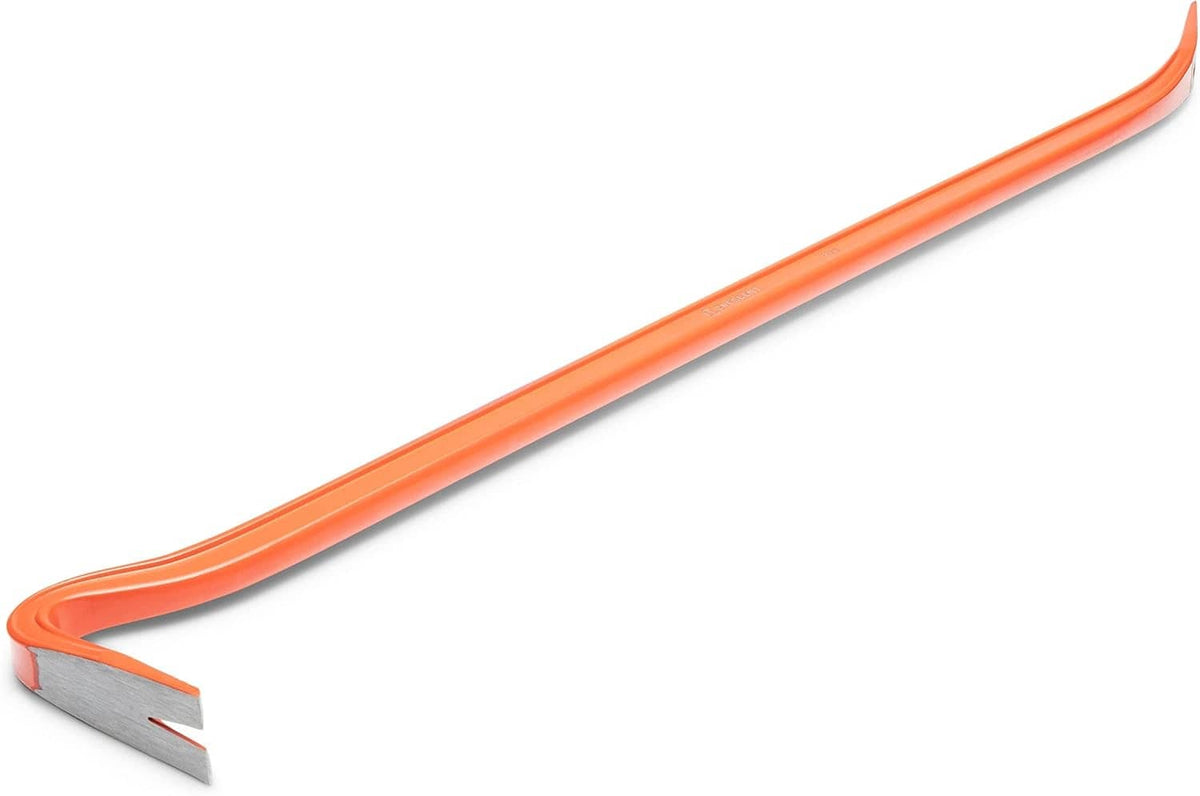 Angled studio shot of the Crescent PB36 wrecking bar showcasing the polished, precision-ground prying tip and beveled nail slot designed to access tight spaces without damaging surrounding materials.
