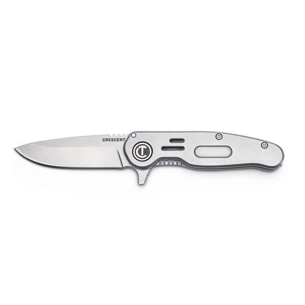 Full side studio profile view of the open Crescent CPK258FL pocket utility knife against a white background, highlighting its fine-edge D2 steel drop point blade branded with the Crescent name, smooth steel frame lock handle, and circular C logo pivot mechanism.