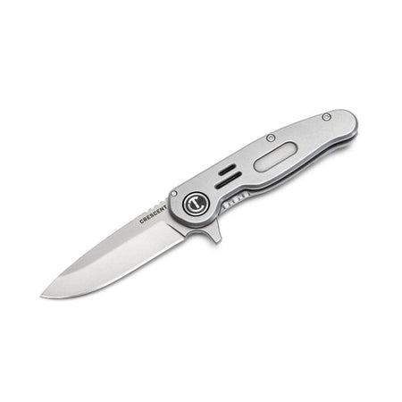 Angled studio perspective view of the fully opened Crescent CPK258FL pocket utility knife, demonstrating the inline alignment from the tip of the drop point blade to the butt of the raw steel frame handle.