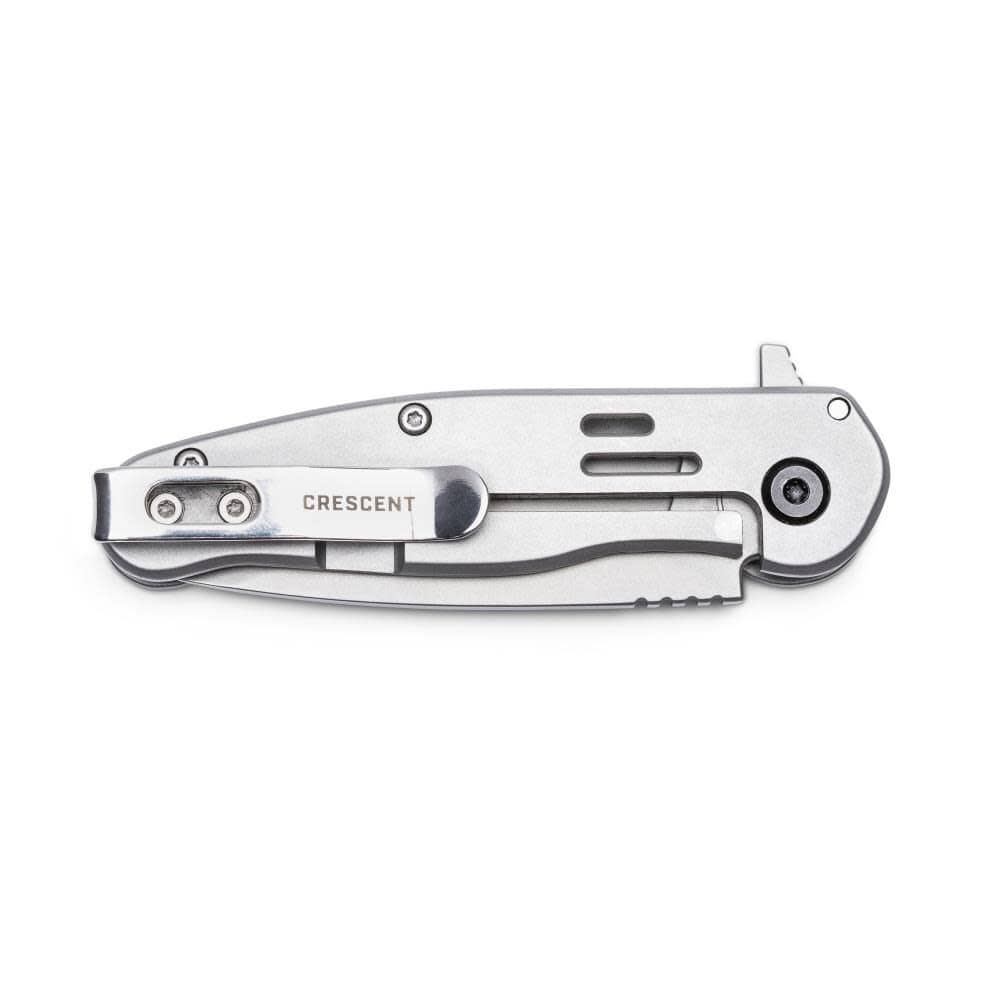 Back view profile of the closed Crescent folding knife against a white background, showing the integrated deep-carry steel pocket clip branded with the Crescent logo and the clean structural screw assembly.