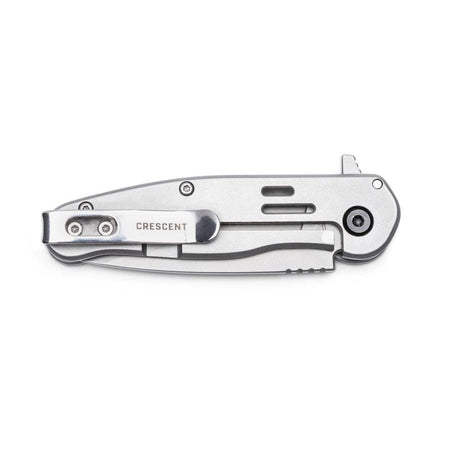 Back view profile of the closed Crescent folding knife against a white background, showing the integrated deep-carry steel pocket clip branded with the Crescent logo and the clean structural screw assembly.