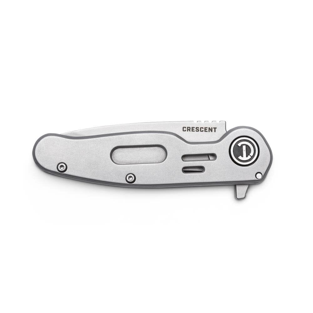 Front view profile of the fully closed Crescent pocket utility knife, illustrating its compact everyday carry footprint with the flipper tab extended and the blade fully folded into the low-profile steel frame handle.