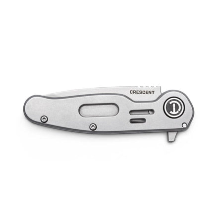 Front view profile of the fully closed Crescent pocket utility knife, illustrating its compact everyday carry footprint with the flipper tab extended and the blade fully folded into the low-profile steel frame handle.