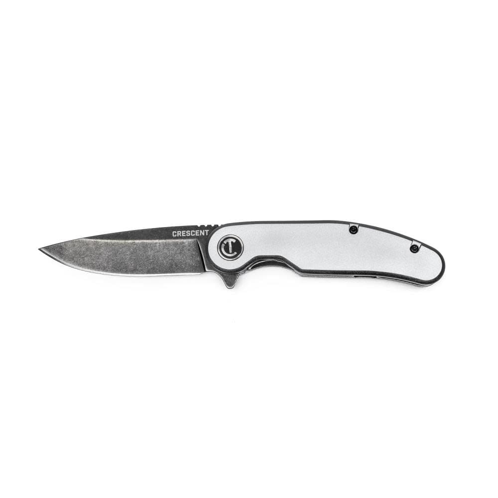 Full side studio profile view of the Crescent CPK325A folding pocket utility knife in the open position against a white background, displaying its stonewashed D2 steel drop point blade branded with the Crescent name and its silver anodized aluminum handle scale featuring the signature circular C logo pivot.