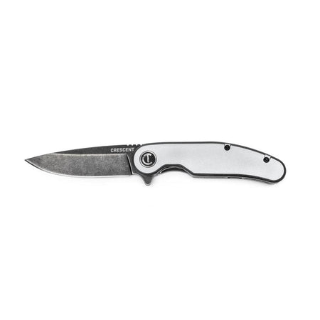 Full side studio profile view of the Crescent CPK325A folding pocket utility knife in the open position against a white background, displaying its stonewashed D2 steel drop point blade branded with the Crescent name and its silver anodized aluminum handle scale featuring the signature circular C logo pivot.