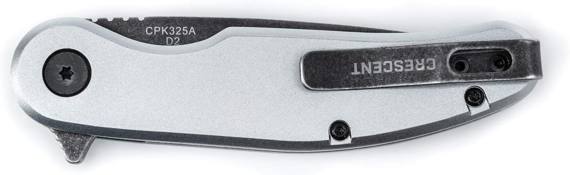 Back view profile of the closed Crescent folding knife, showcasing the rear aluminum handle scale stamped with model number CPK325A D2 and a heavy-duty, stonewashed deep-carry steel pocket clip branded with the Crescent logo.