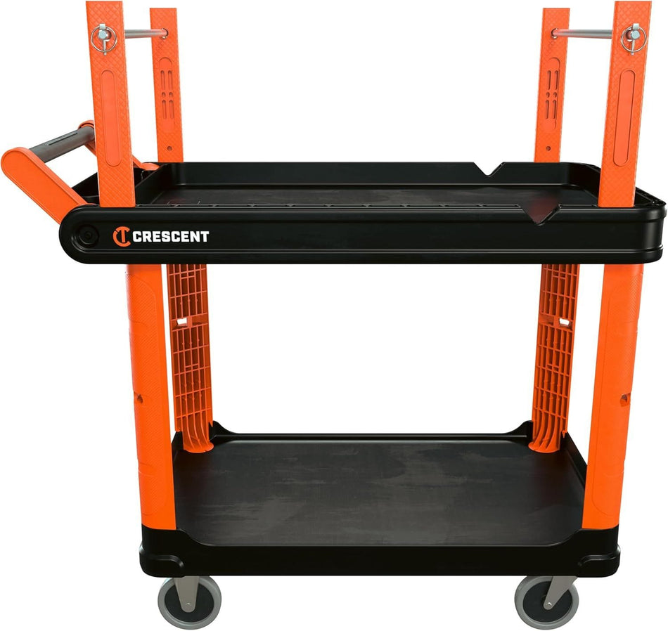 A professional product view of the Crescent RAILWORKS 2-shelf industrial electrician's utility cart featuring high-visibility rawhide orange corner posts and a heavy-duty black structural foam tray design.