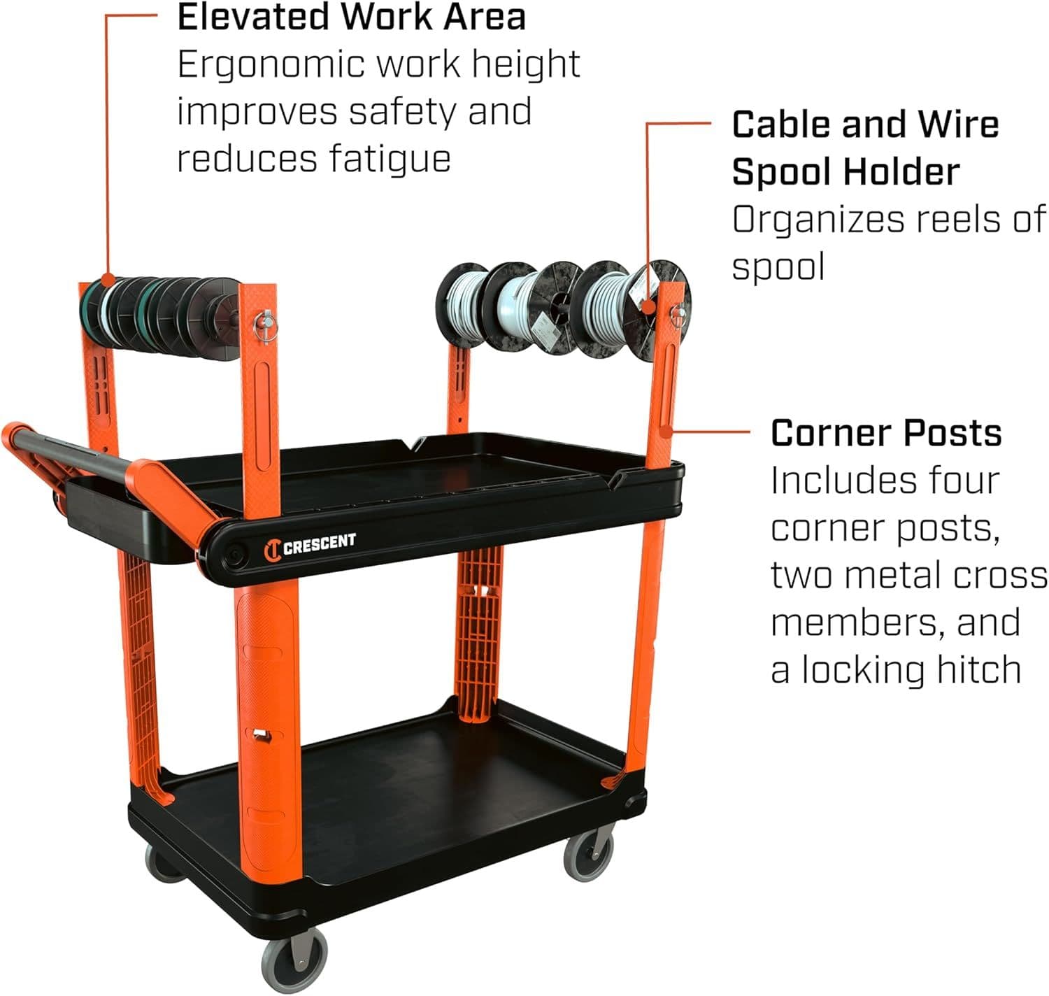 An infographic highlighting the elevated work area and corner posts of the industrial cart, showing the integrated cable and wire spool holder that organizes multiple reels for high-efficiency electrical installations.