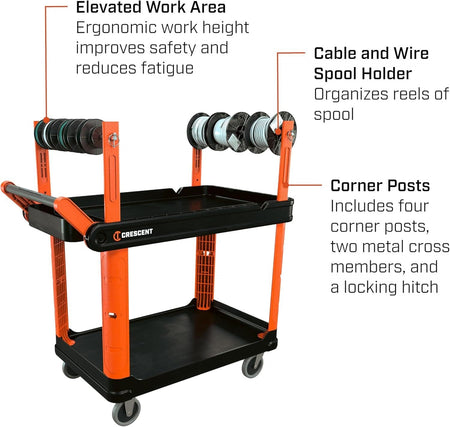 An infographic highlighting the elevated work area and corner posts of the industrial cart, showing the integrated cable and wire spool holder that organizes multiple reels for high-efficiency electrical installations.