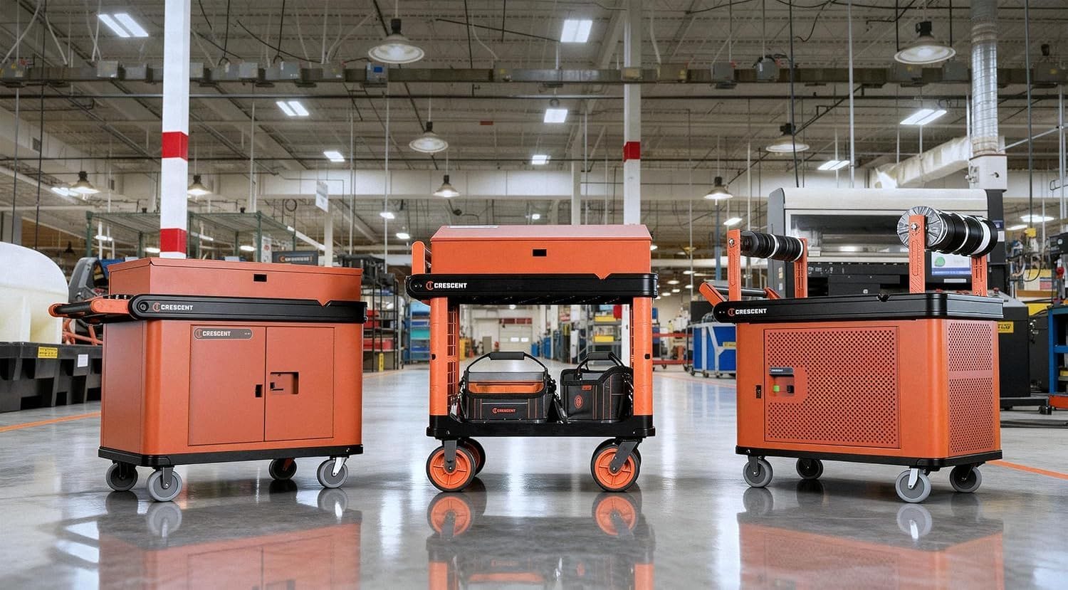 A wide-angle warehouse shot displaying a line of Crescent RAILWORKS modular carts in different professional configurations, including security cabinet models and wire spool models holding tool bags.