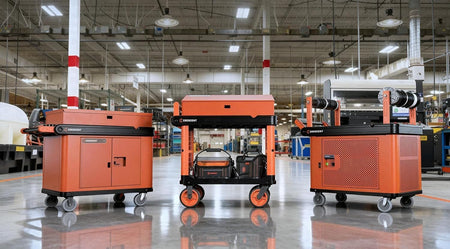 A wide-angle warehouse shot displaying a line of Crescent RAILWORKS modular carts in different professional configurations, including security cabinet models and wire spool models holding tool bags.