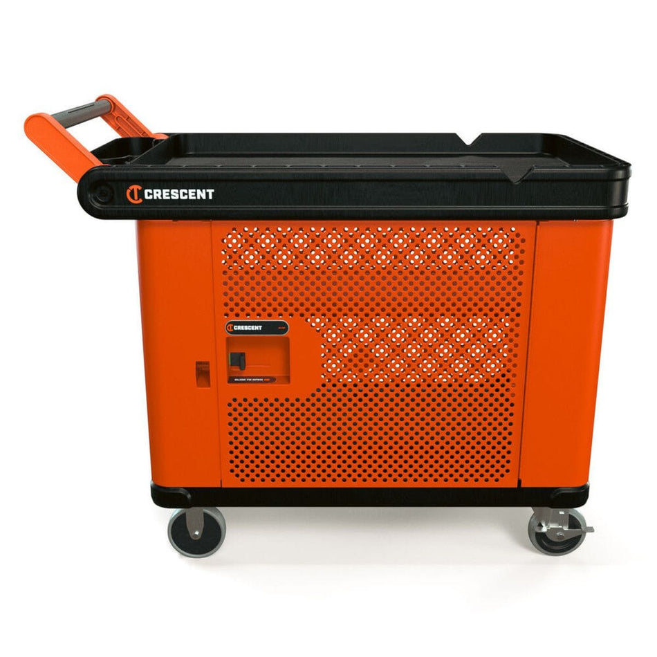 A professional product view of the Crescent RAILWORKS 2-shelf industrial utility cart featuring a lockable mesh single-door security panel in high-visibility rawhide orange and 5-inch heavy-duty casters.
