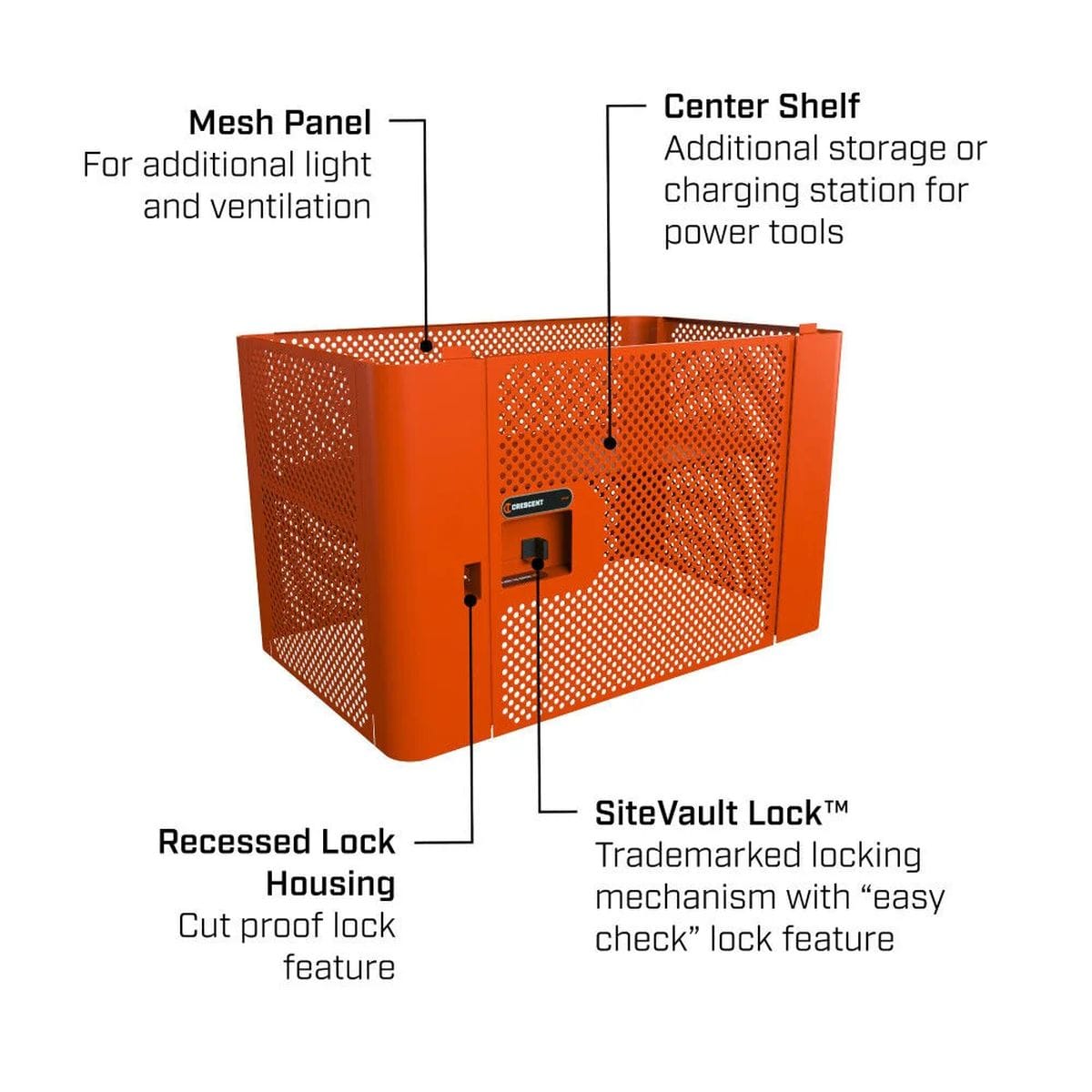 A technical graphic showcasing the lockable mesh security panel designed for additional light and ventilation, featuring the SiteVault Lock mechanism and recessed lock housing for cut-proof tool protection.