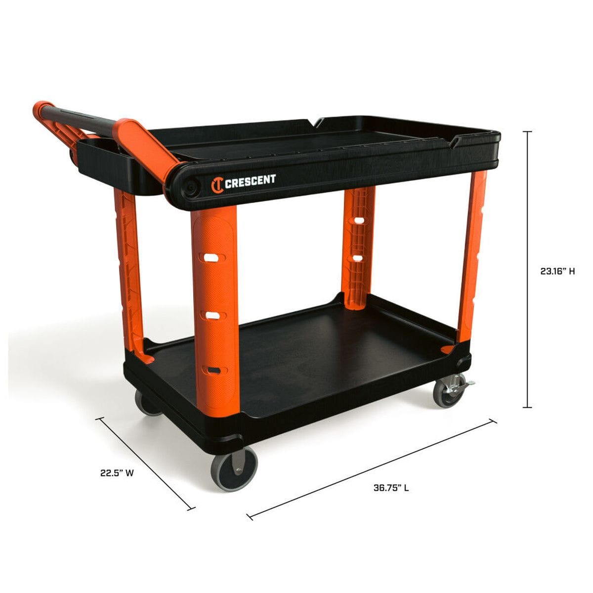 A professional product shot of the open 2-shelf utility cart with technical dimensions, showing a 23.16-inch height between shelves and a structural foam tray measuring 22.5 inches wide by 36.75 inches long.