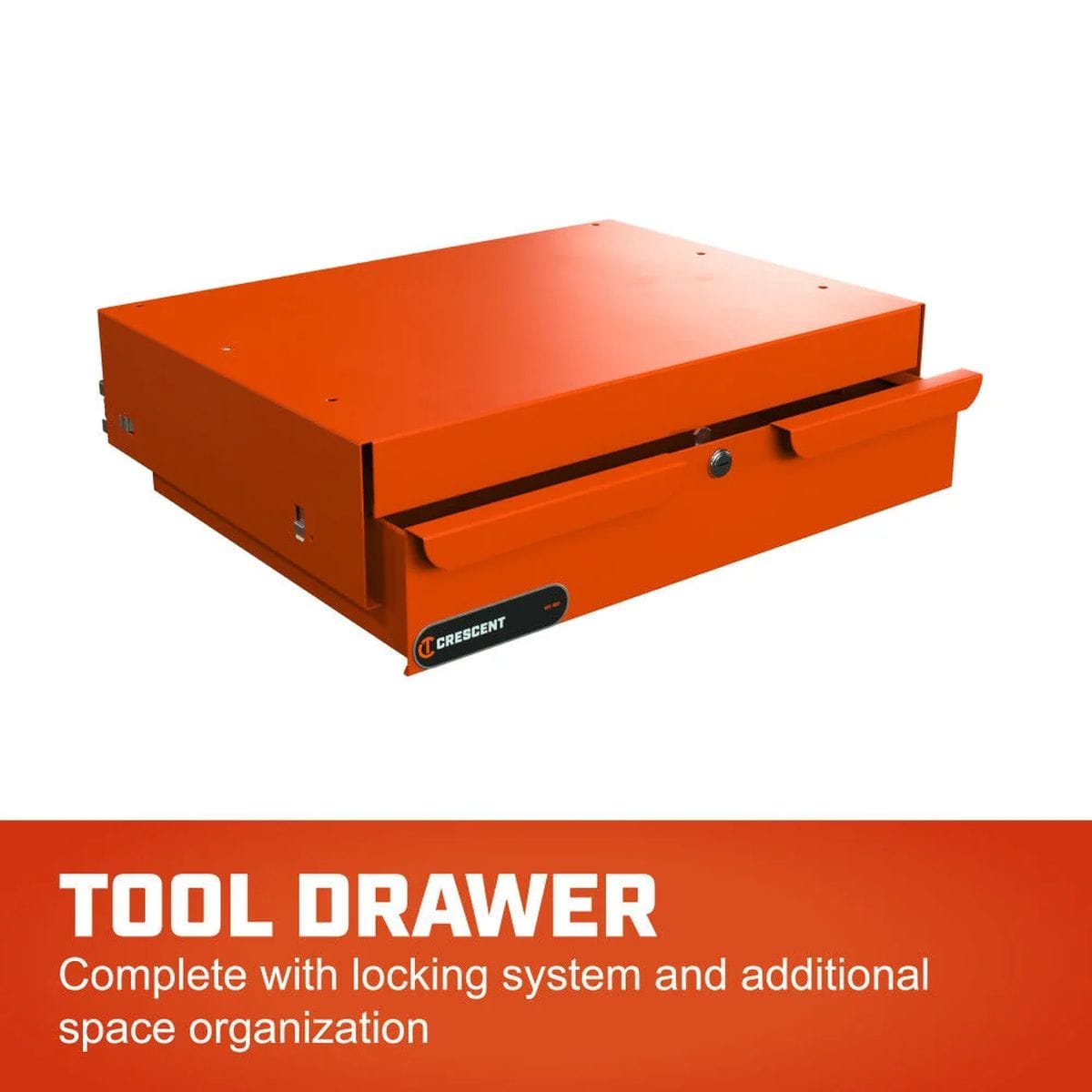 A studio shot of the heavy-duty orange tool drawer accessory, highlighting its integrated key-locking system designed for professional space organization and secure tool storage on the RAILWORKS cart.