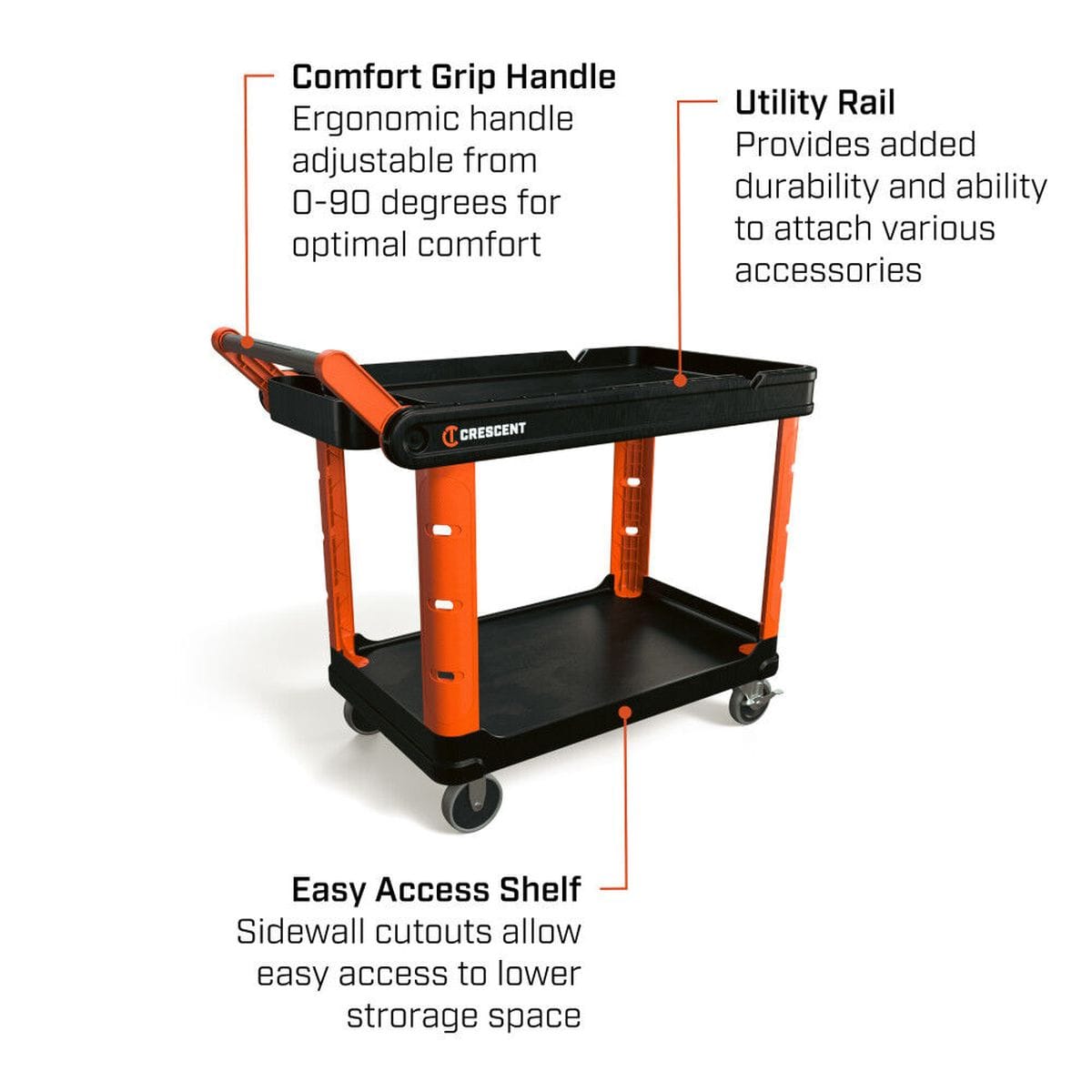 A technical infographic of the Crescent RAILWORKS modular cart highlighting key professional features. Callouts identify the 3-position ergonomic comfort grip handle, the exclusive utility rail-lock system for snapping on accessories, and the easy access bottom shelf with a sidewall cutout to reduce lifting strain.