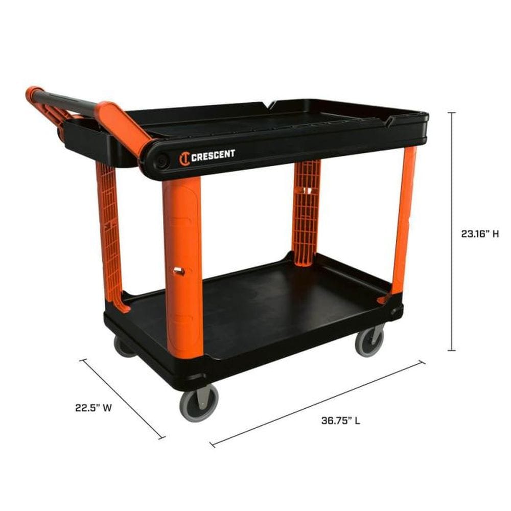 An isometric dimensional view of the Crescent RAILWORKS IUC2S8CBM utility cart. Professional measurements indicate a total height of 34 inches, an overall length of 47 inches, and a shelf width of 24.5 inches, illustrating its industrial-scale material handling capacity.