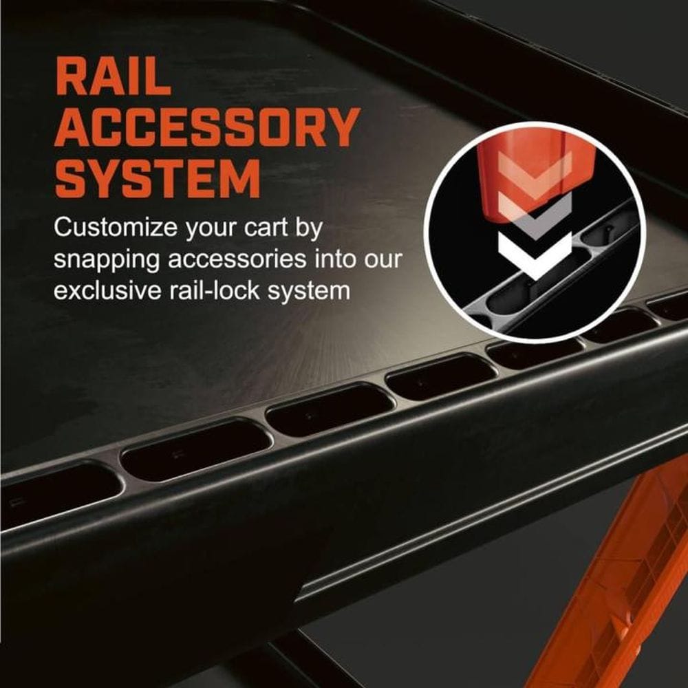 A close-up detail shot of the Crescent RAIL ACCESSORY SYSTEM. An inset magnifying graphic demonstrates how specialized RAILWORKS accessories snap securely into the rail-lock system slots along the edge of the high-density structural foam shelf for complete jobsite customization.