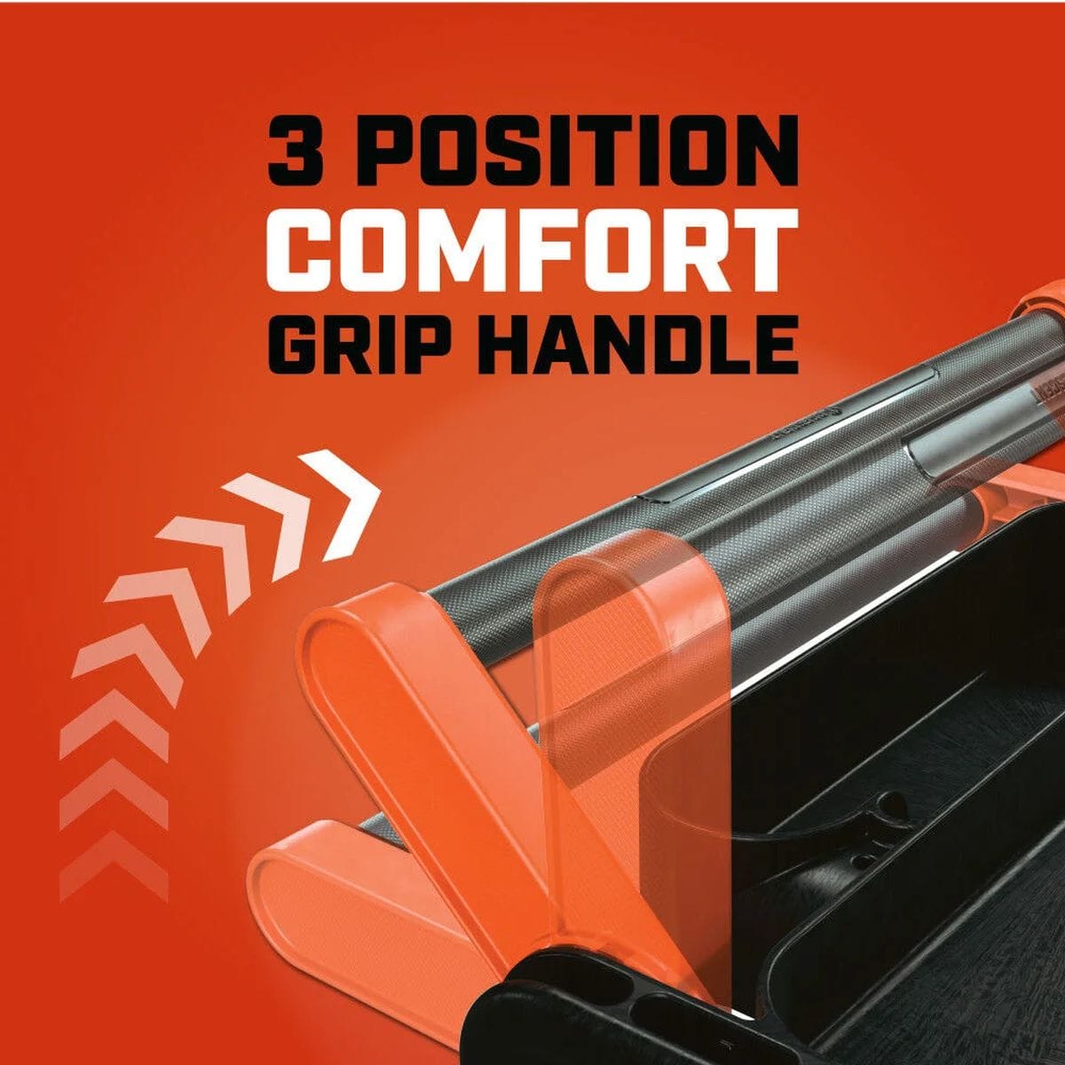 A marketing graphic focusing on the 3 POSITION COMFORT GRIP HANDLE of the Crescent industrial cart. Animated arrows illustrate the handle’s ability to pivot between 0, 45, and 90 degrees, allowing for optimized ergonomics and user comfort during transport.