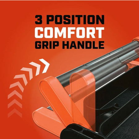 A marketing graphic focusing on the 3 POSITION COMFORT GRIP HANDLE of the Crescent industrial cart. Animated arrows illustrate the handle’s ability to pivot between 0, 45, and 90 degrees, allowing for optimized ergonomics and user comfort during transport.