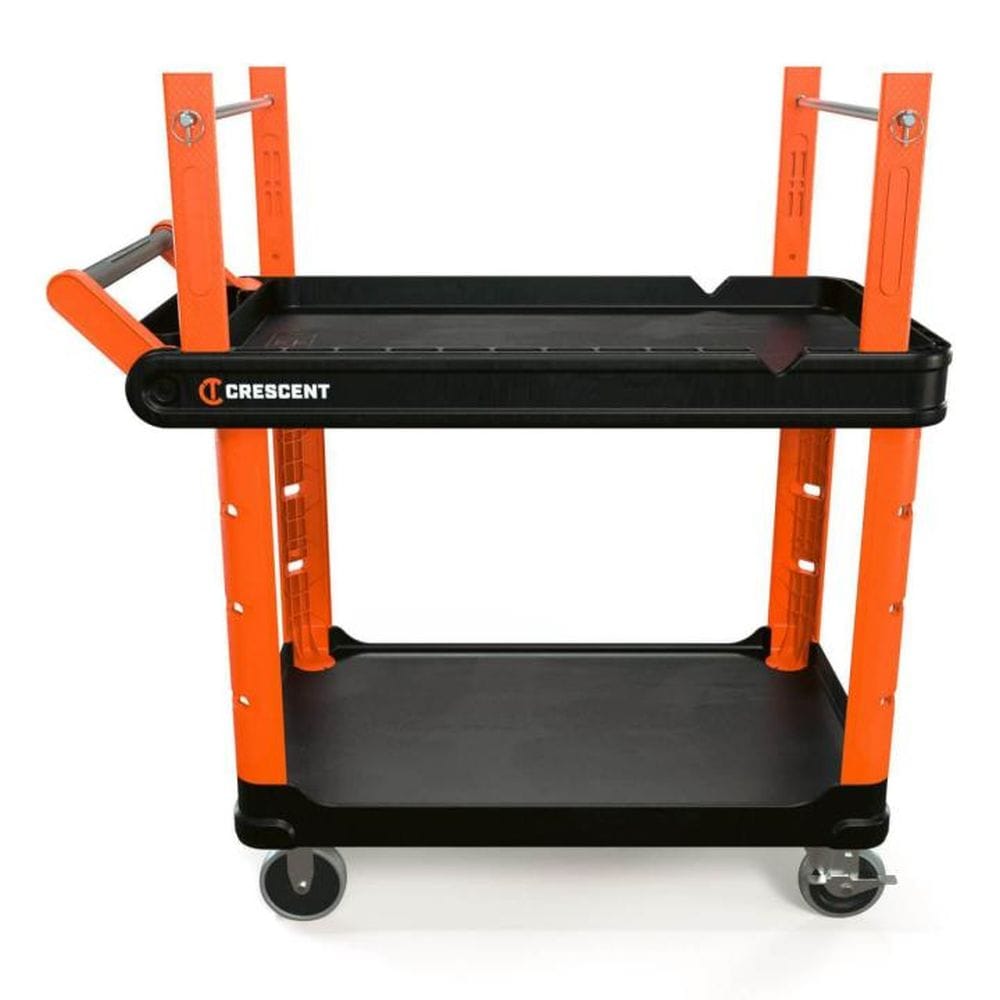 A front perspective of the Crescent RAILWORKS IUC2SCBM utility cart equipped with orange vertical accessory rails. This image demonstrates the modularity of the system, showing how the cart can be expanded with spool holders and security panels for specialized jobsite organization.