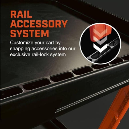 A close-up detail of the RAIL ACCESSORY SYSTEM on the Crescent utility cart. An inset magnifying graphic shows an accessory snapping into the exclusive rail-lock system slots along the edge of the high-density structural foam top shelf.