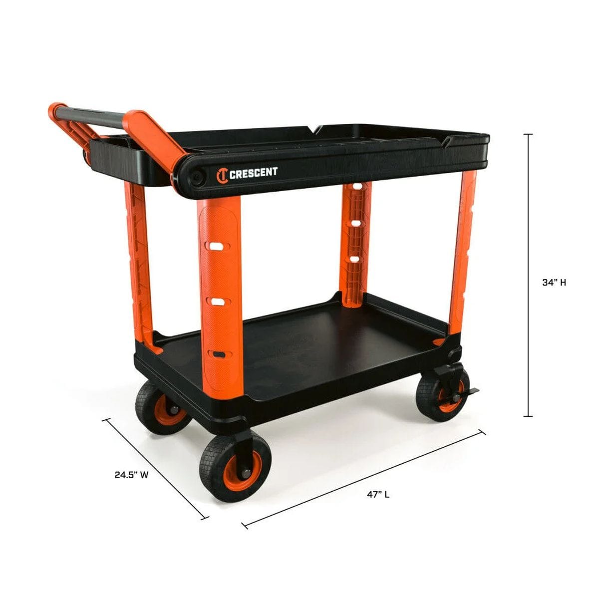 A technical product view of the open 2-shelf utility cart with specific dimensions shown, illustrating a 34-inch total height, 24.5-inch width, and 47-inch length for the heavy-duty structural foam trays.