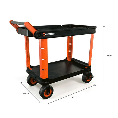 A technical product view of the open 2-shelf utility cart with specific dimensions shown, illustrating a 34-inch total height, 24.5-inch width, and 47-inch length for the heavy-duty structural foam trays.