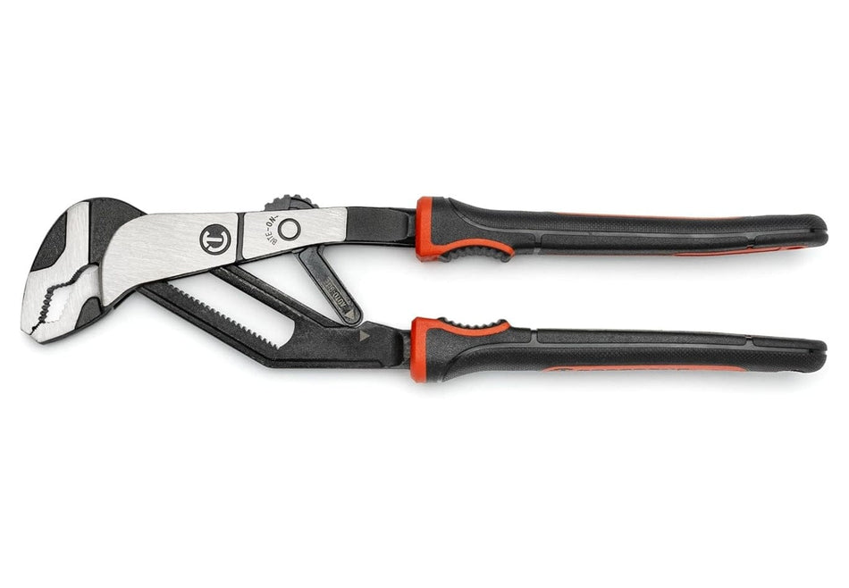 A professional product photograph of the Crescent RTAB10CG 10-inch Z2 Auto-Bite tongue and groove pliers featuring a black oxide finish, forged alloy steel construction, and ergonomic dual-material comfort grips.