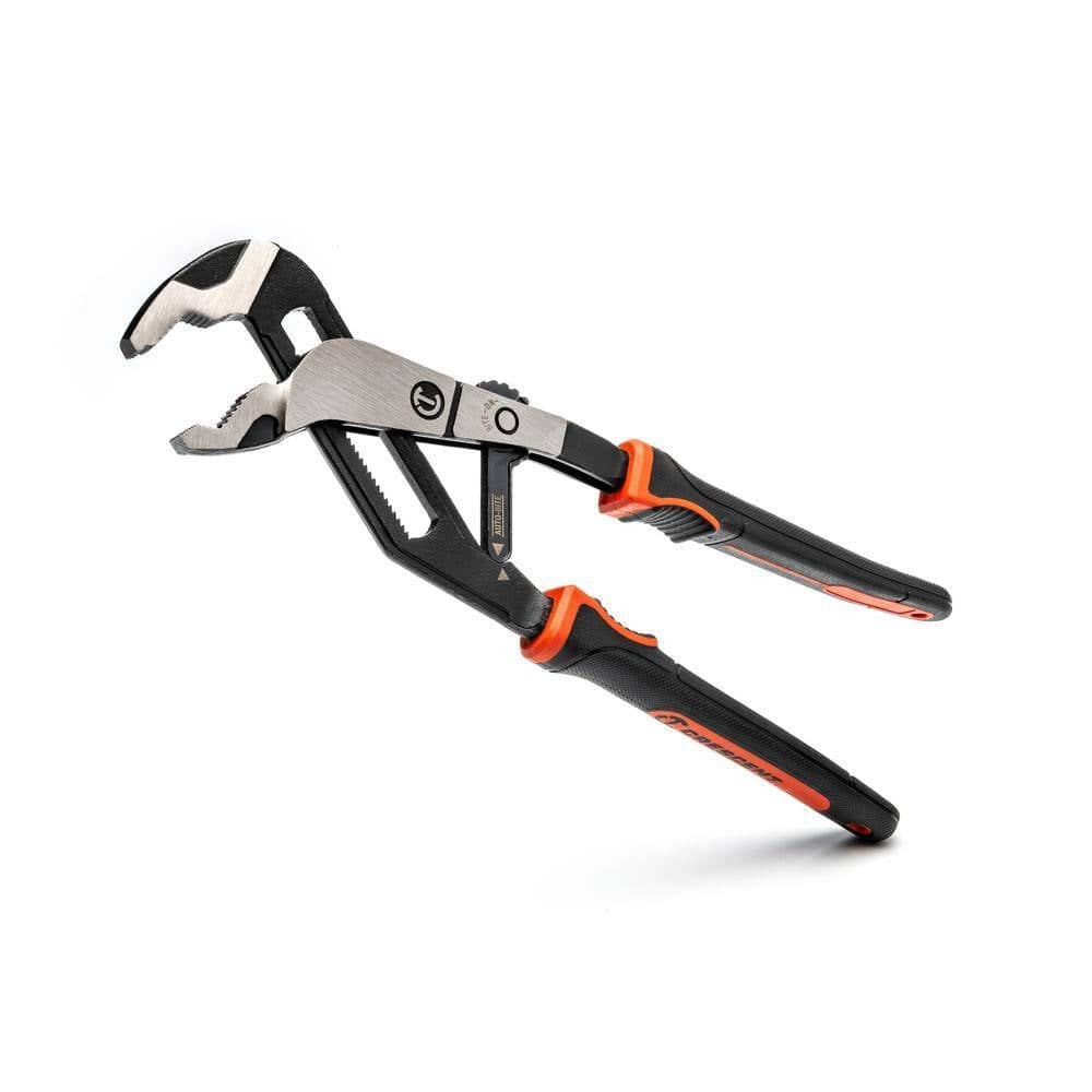 A perspective studio shot of the Crescent Z2 Auto-Bite pliers with the jaws open, showcasing the aggressive V-jaw tooth design and the polished steel adjustment mechanism for high-torque plumbing and mechanical tasks.