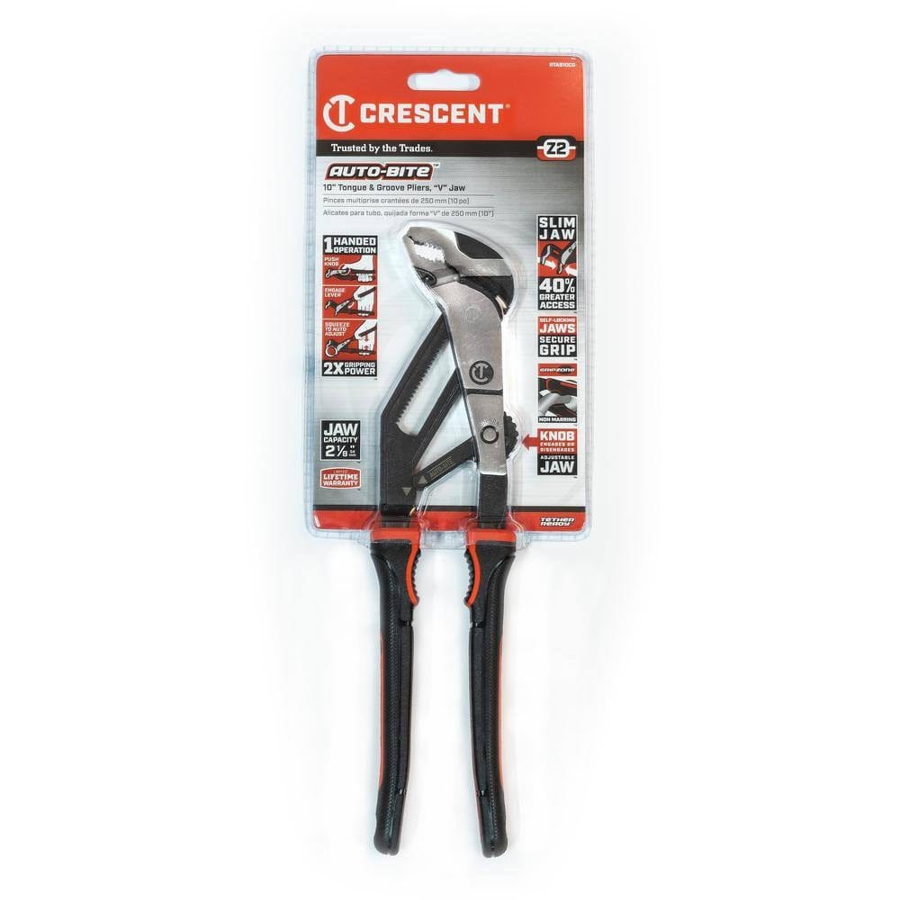 A professional retail packaging shot of the Crescent RTAB10CG Z2 Auto-Bite pliers showing the tool secured in its clear clamshell card, detailing the 2-1/8 inch jaw capacity and limited lifetime warranty.