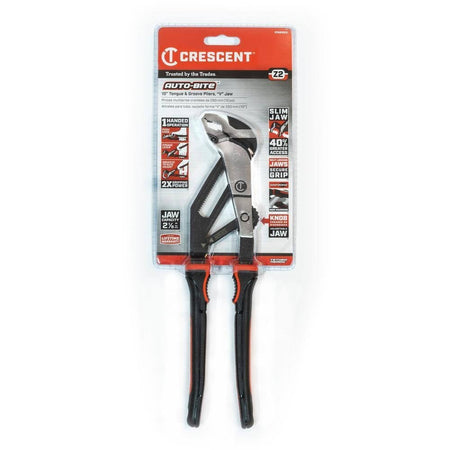 A professional retail packaging shot of the Crescent RTAB10CG Z2 Auto-Bite pliers showing the tool secured in its clear clamshell card, detailing the 2-1/8 inch jaw capacity and limited lifetime warranty.