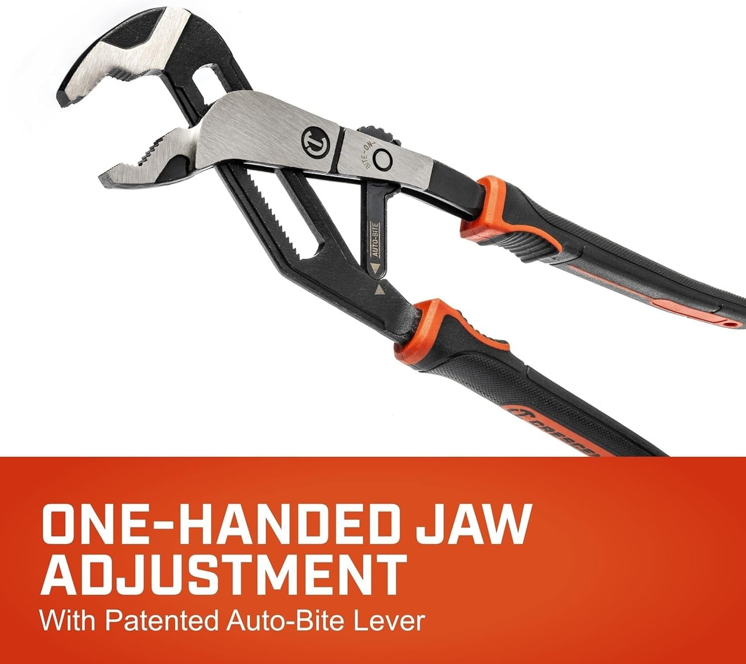A close-up action graphic demonstrating the one-handed jaw adjustment feature with the patented Auto-Bite lever on the Crescent Z2 pliers, designed for increased speed and efficiency on the jobsite.