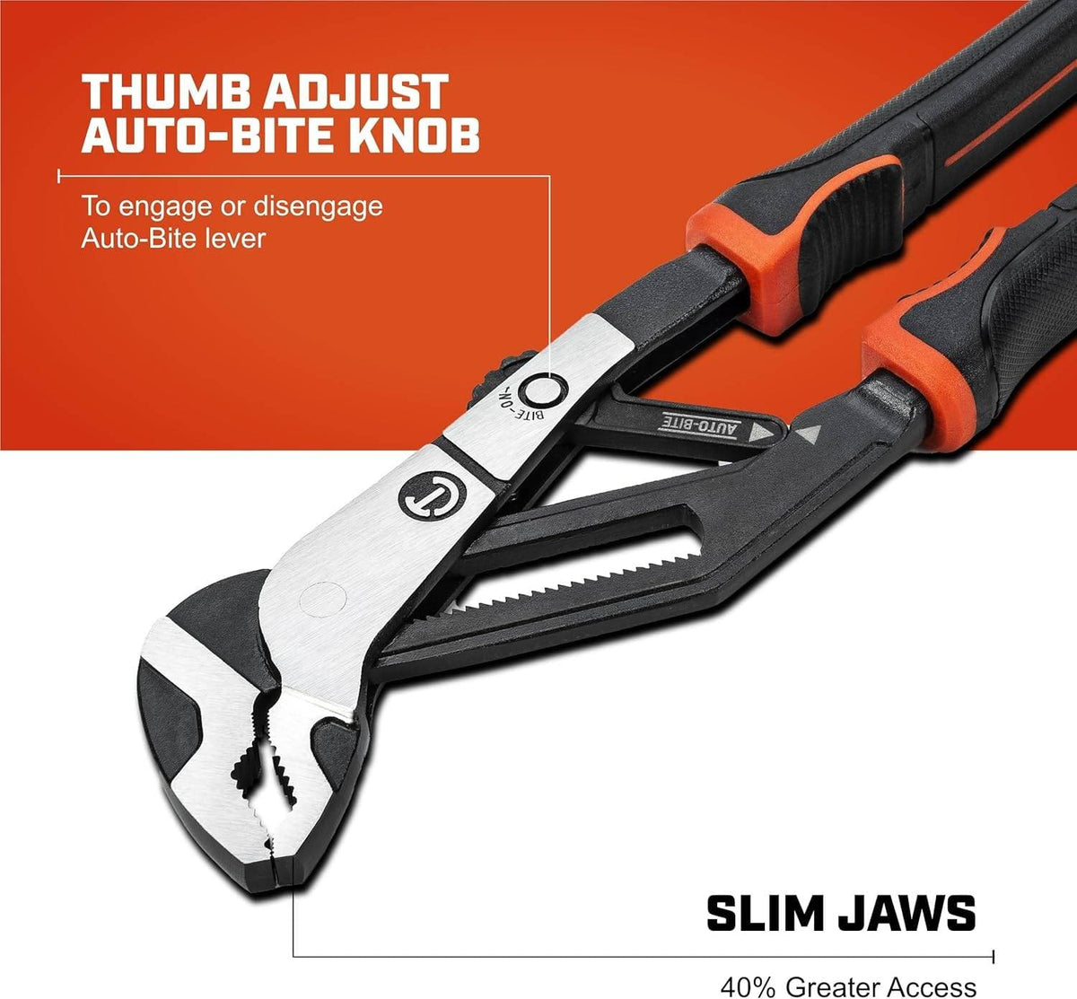 A detailed view of the thumb-adjust Auto-Bite knob used to engage or disengage the automatic lever, alongside a callout for the slim jaws that provide superior access in tight professional work spaces.