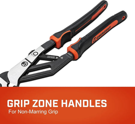 A product feature graphic focusing on the Grip Zone handles of the Crescent Z2 pliers, designed to provide a non-marring grip when working with easily damaged, plated, or delicate plumbing fixtures.