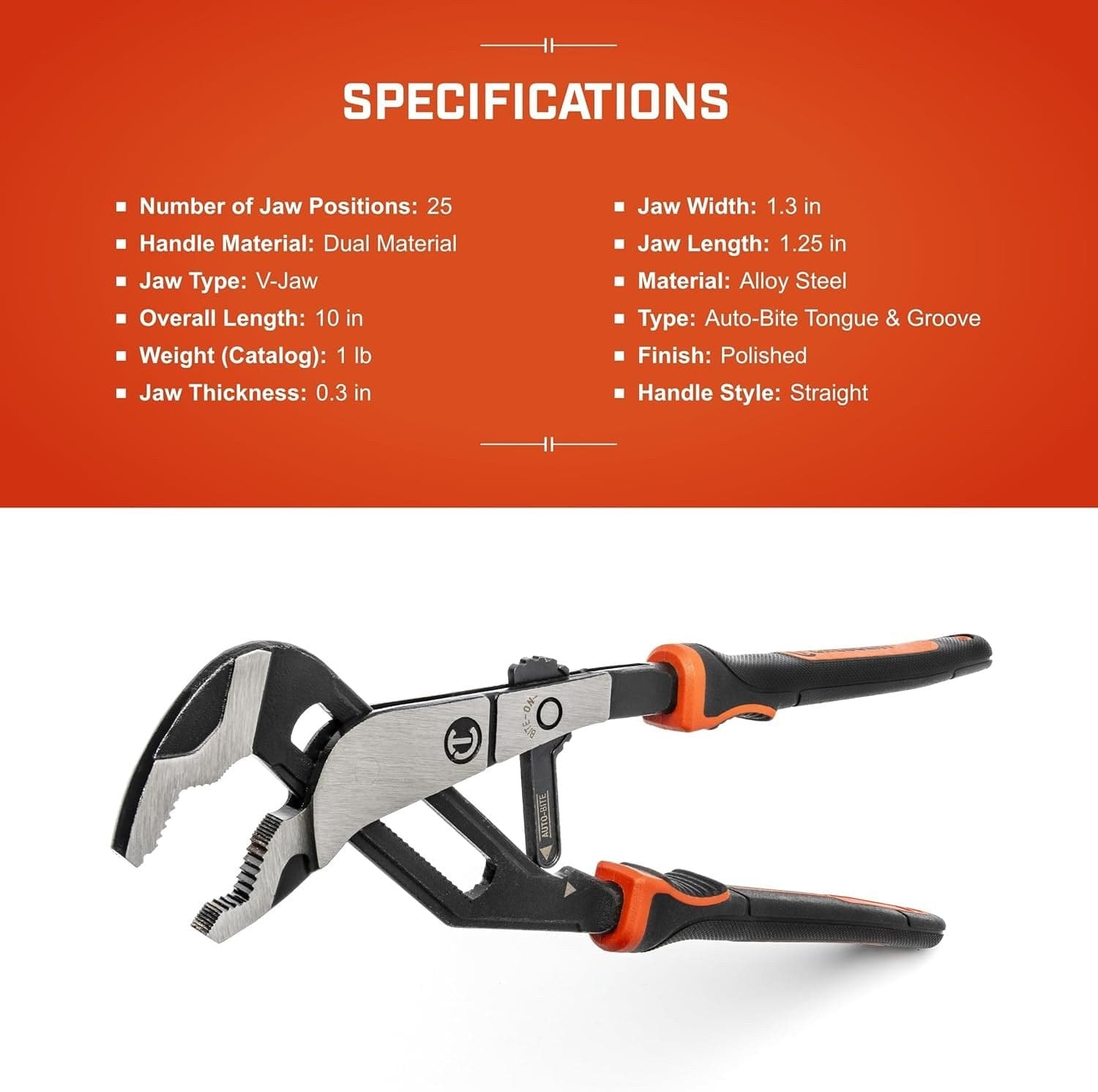 A comprehensive product graphic listing technical specifications for the Crescent RTAB10CG, including 25 jaw positions, a 10-inch overall length, V-jaw type, and a weight of 1 lb.