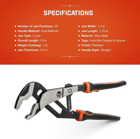 A comprehensive product graphic listing technical specifications for the Crescent RTAB10CG, including 25 jaw positions, a 10-inch overall length, V-jaw type, and a weight of 1 lb.
