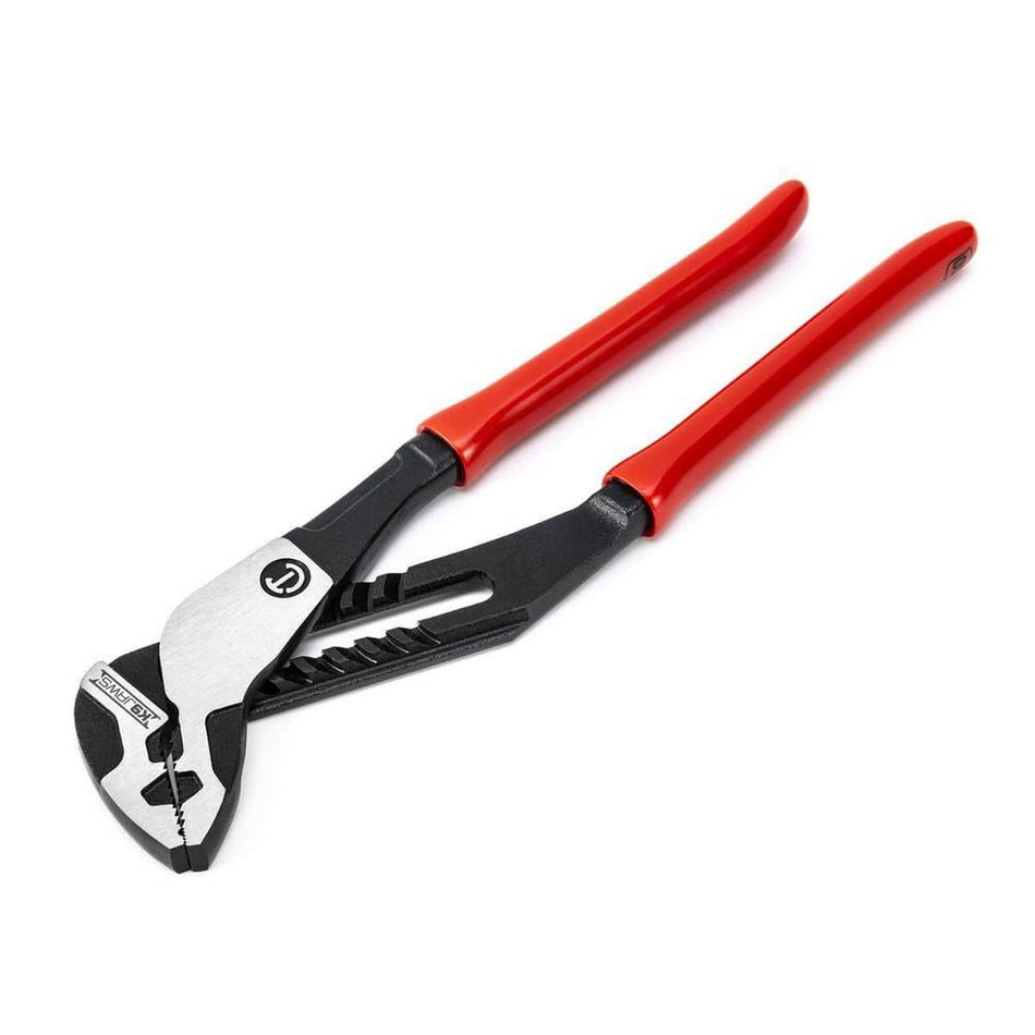 An angled studio view of the Crescent RTZ210 Z2 tongue and groove pliers featuring straight jaws, a polished metal head, black oxide finished alloy steel body, and bright red dipped handles isolated on a crisp white background.