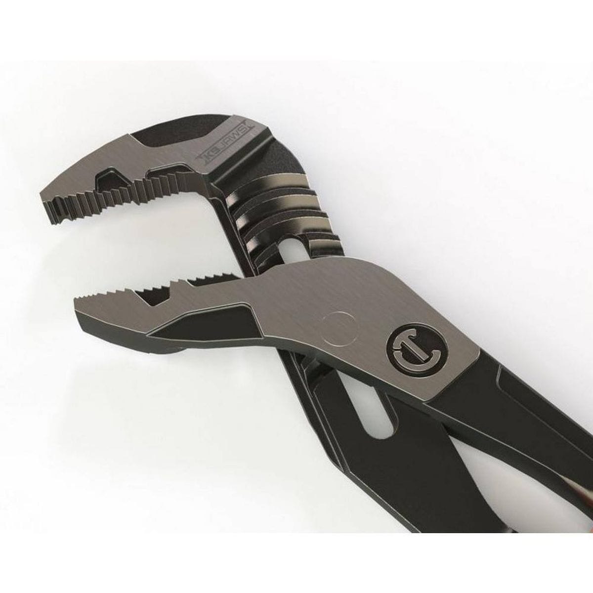 A close up macro view focusing on the wide open straight jaws of the Crescent Z2 plier showing the aggressive multi-directional teeth profile, K9 jaws stamp, black finish, and precision machined tongue and groove adjustment channels.