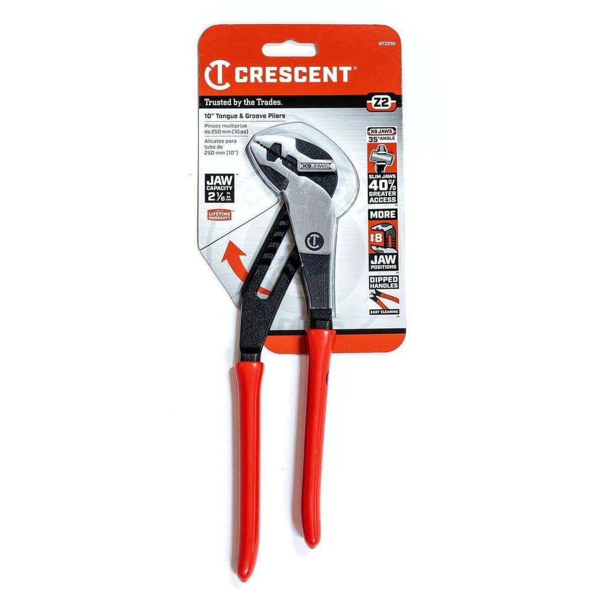 The Crescent RTZ210 10 inch tongue and groove pliers shown inside retail cardboard hanging pack packaging detailing trade features like a 2 and 1/8 inch jaw capacity, lifetime warranty, and 40% greater access slim head.