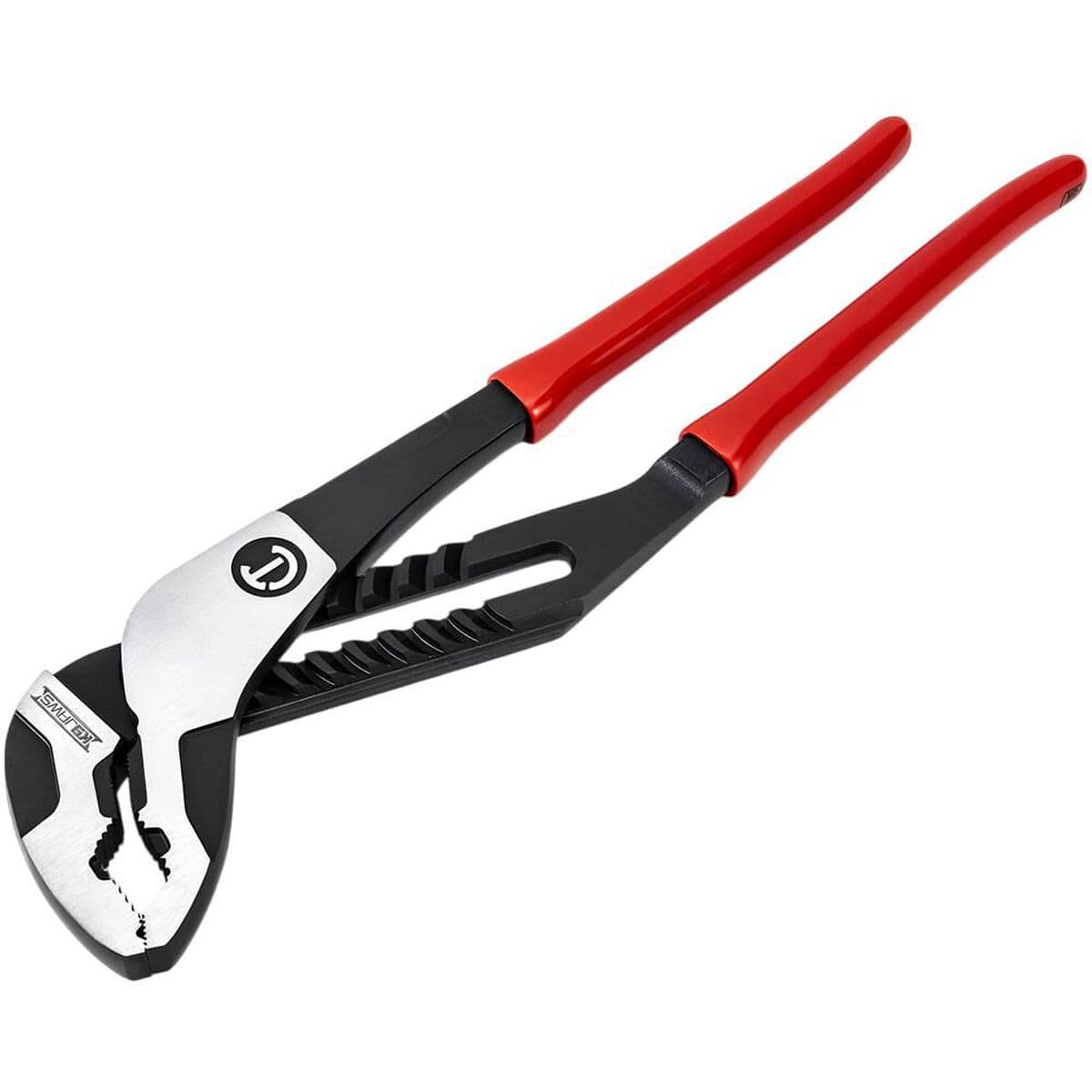 A studio product photograph of the Crescent RTZ216 16-inch tongue and groove pliers, displaying the high-strength black alloy steel body, a flush rivet pivot joint bearing the Crescent brand emblem, specialized K9 straight jaws, and long red-dipped handles angled on a crisp white background.