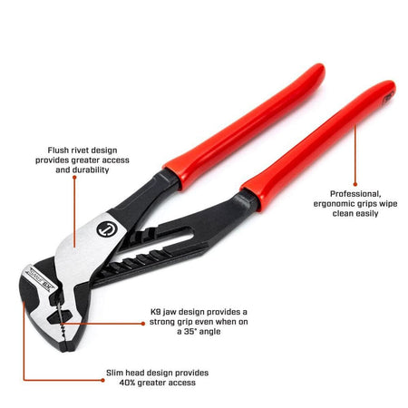 An e-commerce product feature image of the 16" tongue and groove channel lock pliers, using thin text pointer lines to detail its flush rivet design for greater access, professional easy-clean ergonomic dipped grips, a slim head architecture yielding 40% more clearance, and a K9 jaw profile optimized to grip fasteners at a 35-degree angle.