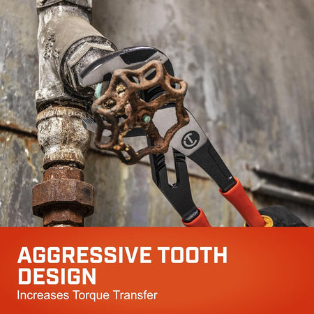 A jobsite lifestyle photograph showing a mechanical technician wearing protective leather gloves utilizing the alloy steel K9 jaws of the Crescent 16-inch channel lock pliers to grasp and rotate a heavily rusted iron water pipe valve stem, overlaid by a bold red banner reading Aggressive Tooth Design Increases Torque Transfer.