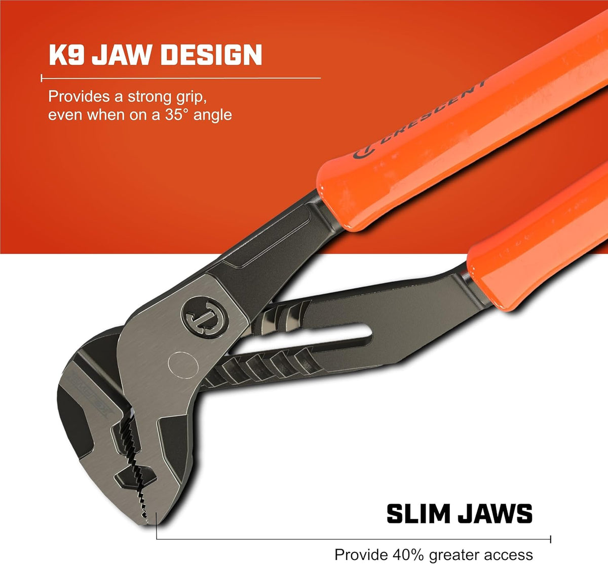 A studio product diagram of the opened Crescent adjustable spanner head, showing informational lines highlighting the K9 jaw design that provides a strong grip even on a 35-degree angle and the slim jaws that provide 40% greater access against a bright red background.