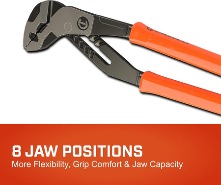 A close-up product callout graphic focusing on the interlocking slip grooves of the adjustable tool, featuring a bold red lower banner with white text that reads 8 Jaw Positions More Flexibility, Grip Comfort & Jaw Capacity.