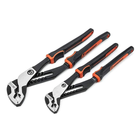 A professional Crescent RTZ2CGVSET2 2-piece Z2 tongue and groove pliers set featuring a 10-inch and 12-inch pair with K9 V-jaws and ergonomic black and orange dual-material grips.