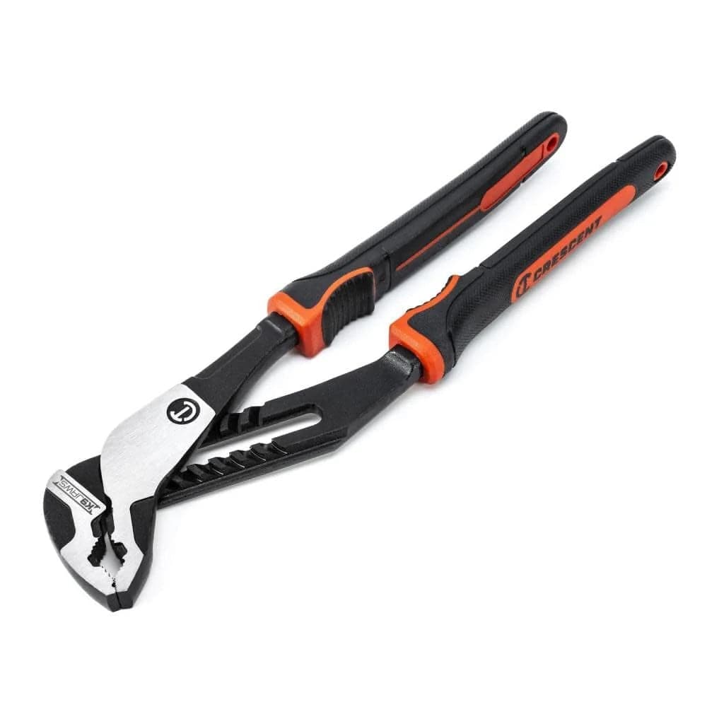 Perspective view of the Crescent 12-inch Z2 tongue and groove pliers showing the slim head design, high-strength alloy steel construction, and secure dual-material handles.
